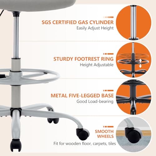 Sweetcrispy Tall Drafting Office Desk Chair - Ergonomic High Stool Computer Chair with Adjustable Height and Comfy Lumbar Support, Rolling Counter Height Chairwith Flip-up Arm and Footrest, Grey 8