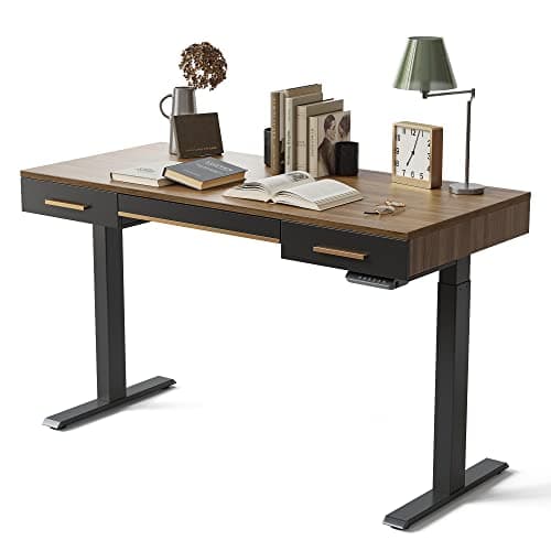 FEZIBO Mid Century Modern Standing Desk with 3 Drawers, 55 x 26 Inches Whole-Piece Sit Stand Up Desk for Home Office, Vintage Top/Black Frame（2 Packages）