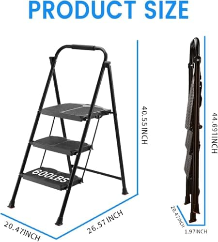 600lbs 3 Step Ladder,Folding Step Stool with Wide Anti-Slip Pedal, Heavy Duty Sturdy Steel Ladder with Handgrip,Portable Steel Step Stool for Home Kitchen Library Office (Matte Black) 7