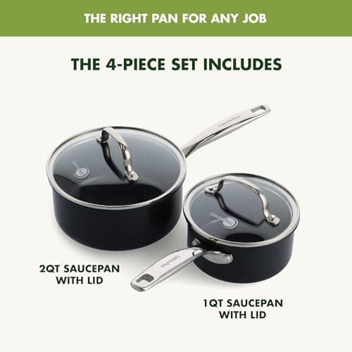 GreenPan Prime Chatham 1QT & 2QT Saucepan Pot Set with Glass Lids, Hard Anodized Diamond Infused Ceramic Nonstick, PFAS-Free, Dishwasher Safe, Oven Safe, Multipurpose Chefs Pan, Stay-Cool Handle,Black 3