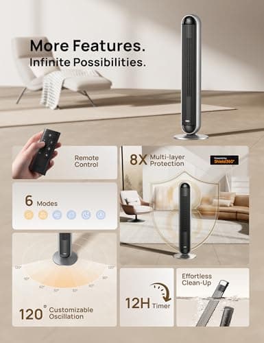 Dreo Tower Fan and Heater Combo, 29.2ft/s Standing Fans for Bedroom, 17 Levels, 6 Modes, 120° Oscillation, 42 Inch, 12H Timer, 25dB Quiet, with Remote, for Office, Large Room, Silver 7