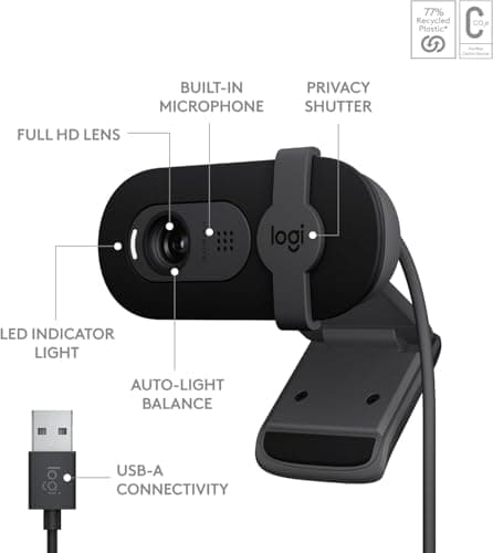 Logitech Brio 101 Full HD 1080p Webcam Made for Meetings and Works for Streaming — Auto-Light Balance, Built-in Mic, Privacy Shutter, USB-A, for Microsoft Teams, Google Meet, Zoom - Black (Renewed) 6