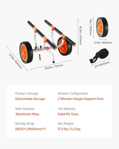 VEVOR Kayak Cart, Heavy Duty 450 LBS Load Capacity Kayak Trailer, Detachable Canoe Trolley Cart with Adjustable Width & Nonslip Support Foot, 12'' Solid Tires for Kayaks Canoes Float Mats Paddleboards 7
