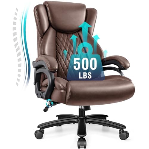 Big and Tall Office Chair 500lbs, Heavy Duty Executive Desk Chair with Adjustable Lumbar Support, Comfy Padded Cushion, Ergonomic PU Leather Home Computer Chair with Extra Wide Seat, Brown