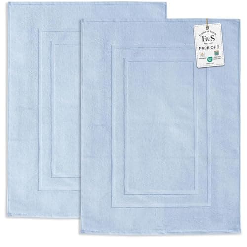 Feather & Stitch 2 Piece Towel Like Bath Mats (30x21 Inch) 100% Cotton Terry Mat for Hotel, Spa, Shower Floor Mats [NOT A Bathroom Rug], Soft Absorbent Washable Mats - Sky Blue