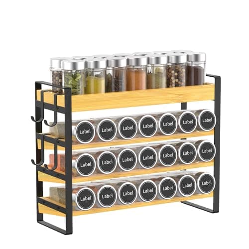 Gledich 4 Tier Spice Rack Organizer Shelf for Cabinet Countertop, Bamboo Space-Saving Seasoning Holder Stand with 4 Hooks, Kitchen Spice Storage Organization for Pantry & Cupboard(Jars Not Included)