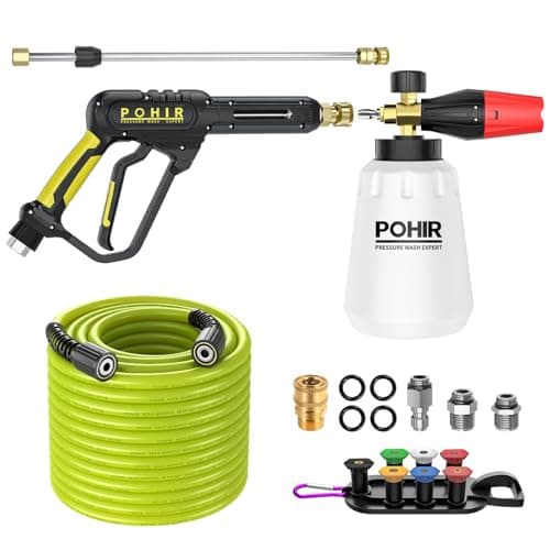 POHIR Pressure Washer Gun with Foam Cannon & 50ft Power Washer Hose, 3600PSI Pressure Washing Kit with 15" Extension Wand & 7 Nozzle Tips, 3/8'' Quick Connector & M22 15mm/14mm Fittings