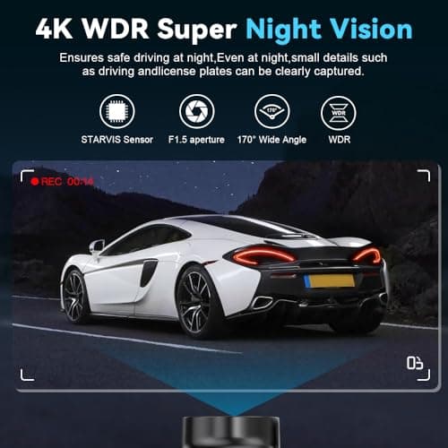 Dash Cam Front and Rear with 64GB Card, 4K+1080P Dual Dash Camera for Cars, Mini Car Camera, APP Control, Built-in Wi-Fi & G-Sensor, 170°Wide Angle, WDR, Night Vision, Loop Recording, Parking Mode 5