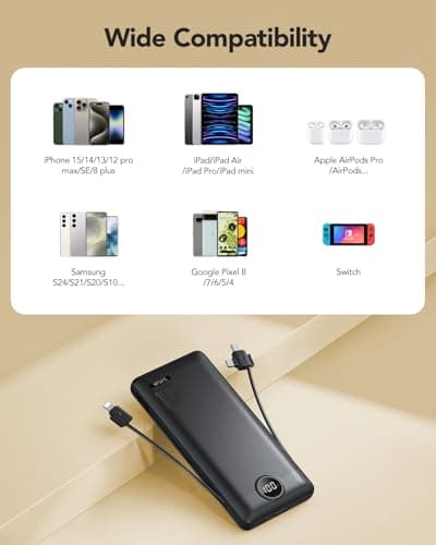 Portable Charger,Power Bank Built-in Cables and AC Wall Plug,VRURC USB C Portable Bank 10000mAh,Travel Essentials Phone Charger Compact Lightweight External Battery Pack for Smart Phones,Tablets-Black 7