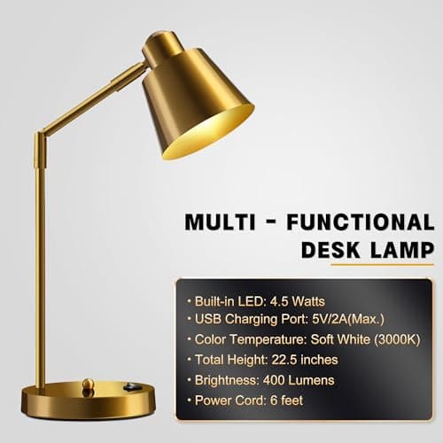 Anxingtools LED Desk Lamp with Dual USB Charging Ports, 100% Metal, 270° Swivel Arms, Soft White Light (3000K), Bedside Reading Lamp, Home Office Lamp(Golden) 5