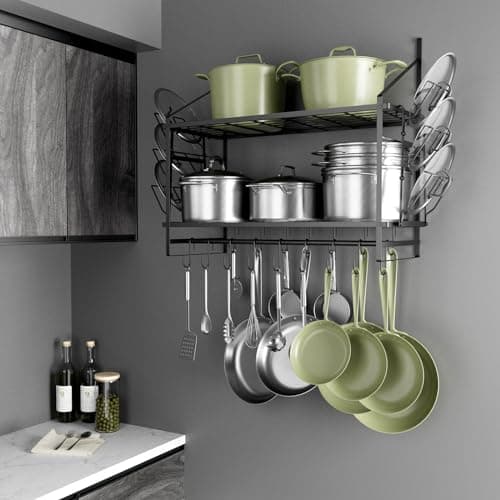 HOYRR Hanging Pot Rack Wall Mounted,30 Inch Wall Hanging Pot Rack,Pot Hangers for Kitchen Wall Mount,Pot And Pan Hanger Side Piece with 2 Pieces Pans Lids Organizer,Wall Pot Rack Hanging Rod+16 Hooks 7