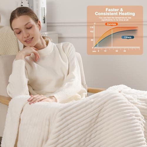 Zorvixia Electric Heated Blanket Thow 50''x60'' - Fast Heating Blanket Striped Pattern Flannel & Cuddly Sherpa Electric Blanket Throw with 5 Heat Settings & 4 Hour Auto Off, Great Gift to Elderly 4