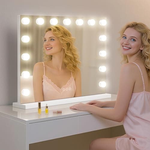 NUSVAN Vanity Mirror with Lights Lighted Makeup Mirror with 15 Dimmable LED Bulbs,3 Color Lighting Modes,USB Charging Port Touch Control,Sturdy Metal Frame Design,White 8