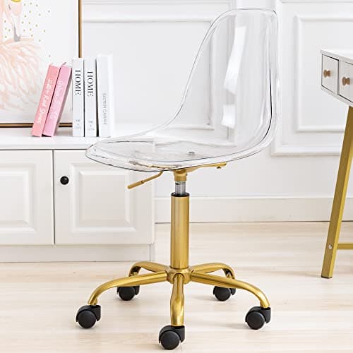 HOMEFUN Clear Desk Chair, Acrylic Rolling Armless Vanity Swivel Height Adjustable Ghost Molded Plastic Home Office Chairs with Golden Feet