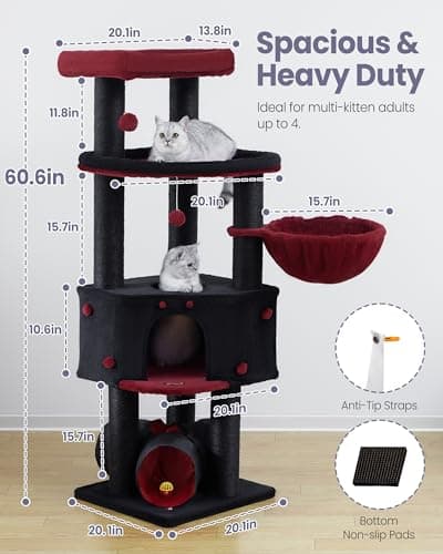 Heavy Duty Cat Tree for Large Cats Adult - 60 Inch XXL Sturdy Cat Tower Condo with Extra Wide Scratching Posts (φ4.4in) Big Cat House Hammock Perch - Indoor Wood Modern Multi Level Corner Cat Bed 7