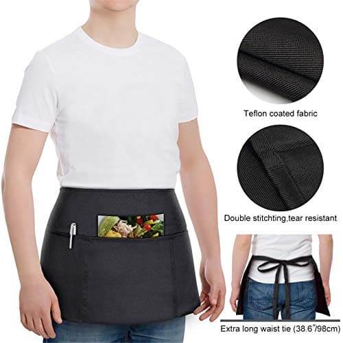 2 Pack Waitress Apron with 3 Pockets - Water & Oil Resistant - Black Waist Aprons for Servers - Half Aprons for Women - 12 Inch 5