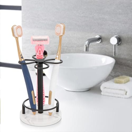 HarJue Toothbrush Holder Stand for Bathroom, Metal Toothbrush Organizer with Marble Base, Toothbrush Storage Collection for Family, Suitable for Home Hotel Countertop Vanity (Small, Matte Black) 7