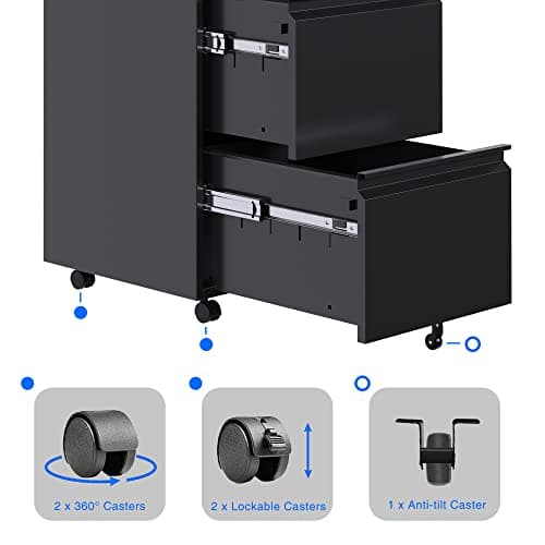 METAN Fully Assembled 2 Drawer File Cabinet with Lock, Mobile Under Desk Filing Cabinet for Office Legal/Letter Size, Pre Assembled Except Wheels,Black 7