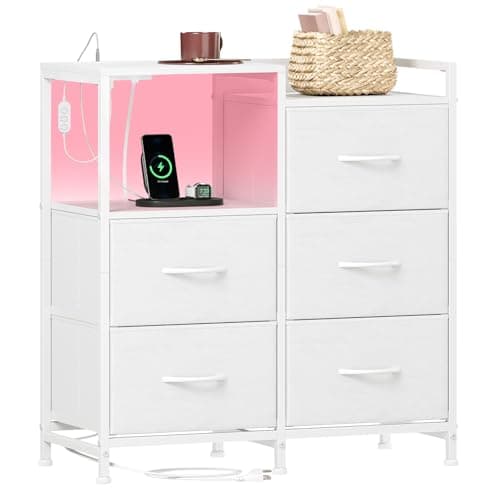 Somdot White Nightstand with Charging Station and LED Light, Wide 5 Drawers Dresser for Bedroom with Fabric Bins and Open Shelf for Bedroom Kids Closet Dorm Guest Room, White Leather