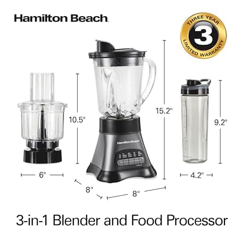Hamilton Beach Blender and Food Processor Combo for Shakes & Smoothies, With 3 Cup Electric Food Chopper Attachment, 40 oz Glass Jar, Blender Travel Cup, 700 Watts Peak Power, Gray & Black (58163) 8