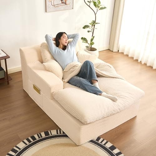Afuson 63" Chaise Lounge Chair Indoor, Set of Convertible Sleeper Sofa Couch with Throw Pillows & Side Pockets, Corduroy Upholstered Oversized Sofa Bed with Armrests for Living Room Bedroom, Beige