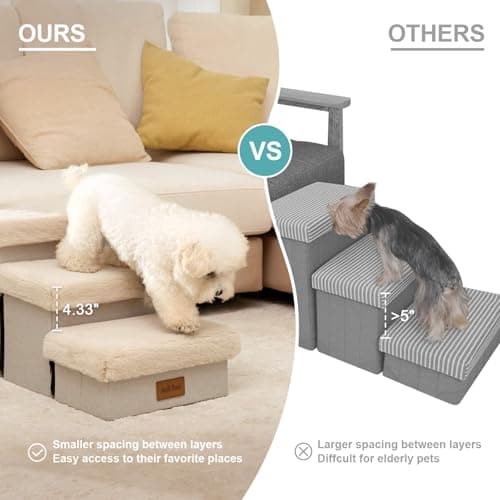 Dog Stairs with Storage, Wider Sturdy Dog Steps for Small/Medium/Large Dogs and Older Cats, Folding Doggie Ramp for Bed/Couch/Car Hold Up to 210 lbs (Cream, 24.8x13x13.58in) 6
