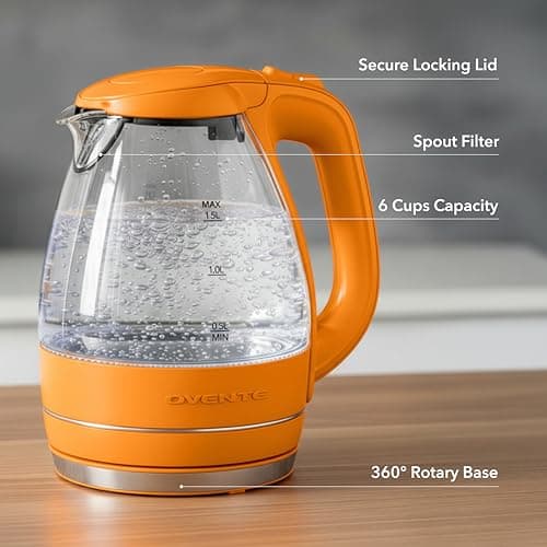 OVENTE Electric Kettle, 1.5L Borosilicate Glass Countertop Water Heater and Boiler for Coffee or Tea, BPA-Free, Auto Shut-Off, Boil-Dry Protection, Removable and Washable Spout Filter, Orange KG83O 5
