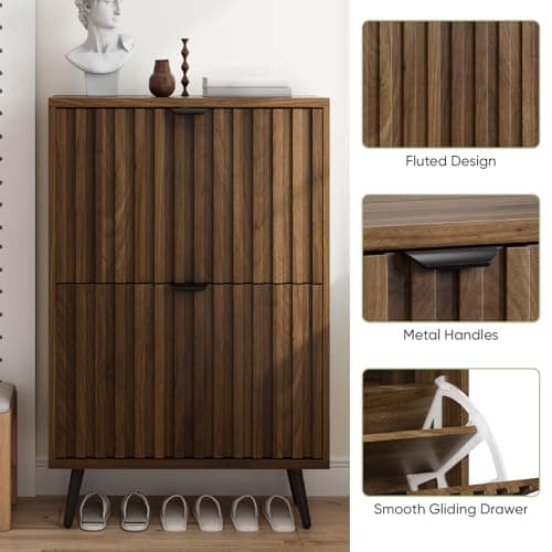 Smuxee Shoe Cabinet with 2 Flip Drawers, 23.6" Walnut Hidden Shoe Storage Cabinet with Fluted Design, Freestanding Shoe Organizer Cabinet for Entryway, Hallway, Closet, Living Room 5