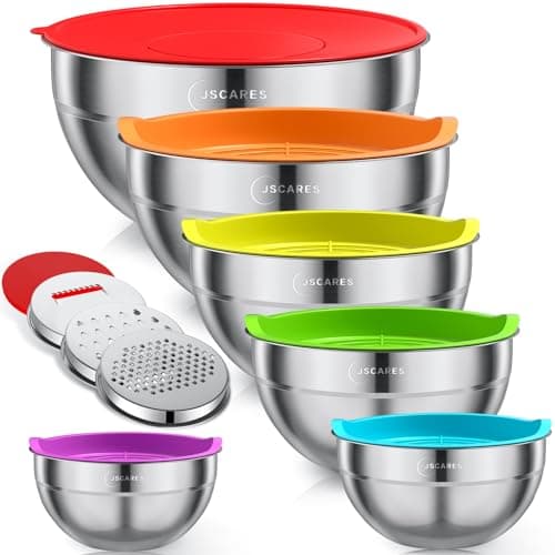 JSCARES Mixing Bowls with Colorful Airtight Lids, 6 Piece Stainless Steel Metal Bowls with 3 Grater Attachments, Size 4.5, 3.5, 2.1, 1.5, 1.1, 0.7 QT