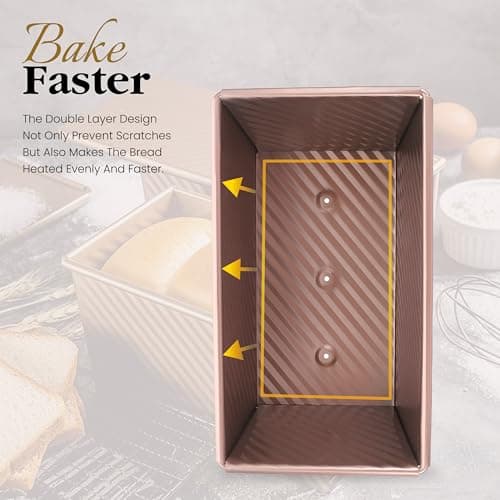 FIDZ PAN Pullman Loaf Pan with Lid, 1 lb Dough Capacity Non-Stick Bread Pan for Baking Bread, Carbon Steel Corrugated Bread Toast Box Mold with Cover for Baking Bread, Gold 7