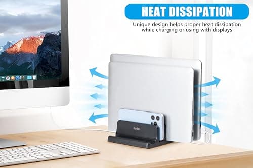 Ryvlan Vertical Laptop Stand, 3 Slot Adjustable Laptop Storage Rack and Desk Organizer, Silicone-Padded Holder for Multiple Devices Storage, Compatible Stand for Tablets and Devices up to 17 Inches 7