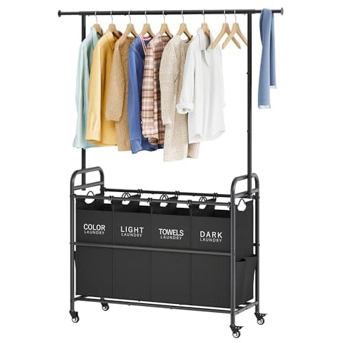 Tajsoon Laundry Sorter Cart with Hanging Clothes Rack, 4 Butler Sorter Basket Organizer, Laundry Hamper Cart with Heavy Duty Rolling Lockable Wheels, Black