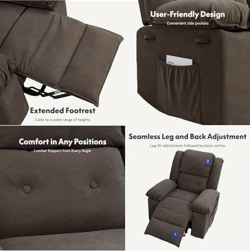 FLEXISPOT XL2 Power Lift Recliner Chair for Elderly, Electric Reclining Sofa Chair for Adults with Massage and Heat, Brown Fabric Lift Chair with Side Pockets for Living Room, Bedroom 7