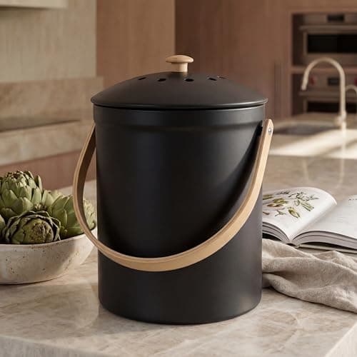 Beautiful Kitchen Compost Bin with Smell Proof Lid - Rust Proof and Odorless Compost Bucket for Your Countertop with No Smell Filters - Easy to Clean 1.1 Gallon Bin Looks Great On Any Kitchen Counter