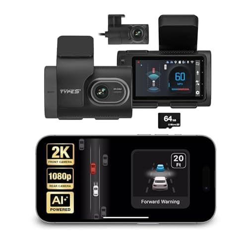 Type S T200 AI Driver Assistance Dash Cam Powered by ADAS, 1440p, Collision Alerts, Lane and Pedestrian Detection, Vehicle Departure Reminders, Front Rear 2 Channel Smart 24/7 Video Surveillance