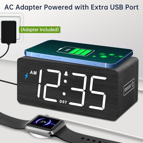 DreamSky Wooden Digital Alarm Clock with Wireless Charging for Bedroom, Bedside Nightstand Clock with Charger Station, USB Port, Large Numbers, Adjustable Volume, Brightness Dimmer, DST 6