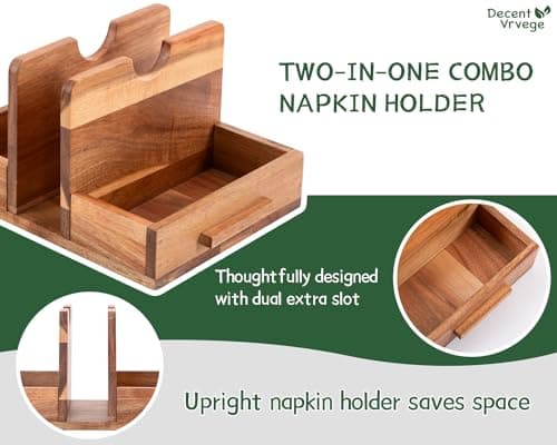 Decent Vrvege Napkin Holder, Napkin Holders with Built-in Salt Pepper Shakers Caddy, Acacia Wood Napkins Dispenser for Dining Table Countertop, Upright Paper Stand - Keep Your Kitchen Tidy & Organized 7