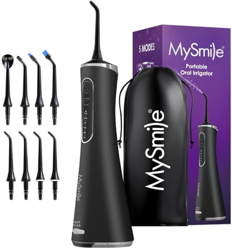 MySmile LP211 Cordless Water Flossers, Portable Rechargeable Oral Irrigator for Teeth Cleaning, 5 Cleaning Modes, IPX7 Waterproof, 8 Replacement Tips and a Storage Pouch (Midnight Black)