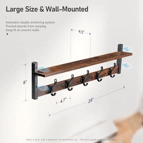 Tatub 29" Rustic Coat Rack Wall Mount with Shelf, Entryway Wall Hooks with Shelf, Coat Hangers for Bathroom, Living Room, Bedroom, Rustic Black 7