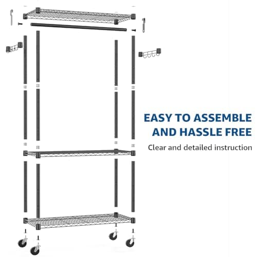 M MZG Heavy Duty Rolling Garment Rack 3 Tiers Adjustable Wire Shelving Clothes Rack with Rods and Side Hooks,Storage Closet Clothing Rack with Wheels Black 15.7" D x 29.5" W x 74.5" H 8