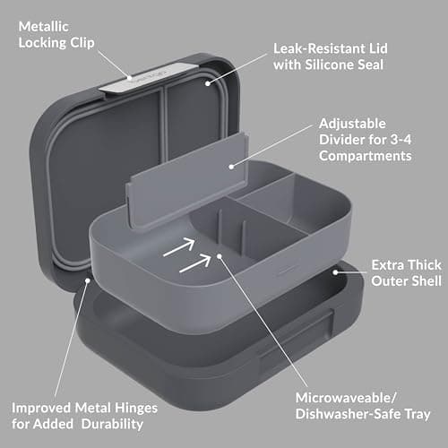 Bentgo Modern - Adult & Teen Bento Lunch Box; 3-4 Compartments, Leak-Resistant, 5.5 Cup Capacity/44 fl oz, Improved Locking Clips, Reusable, BPA-Free, Dishwasher/Microwave Safe Tray (Dark Gray) 5