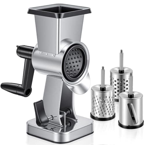 LHS Rotary Cheese Grater Stainless Steel Manual Cheese Shredder Grater Walnuts Grinder with 3 Interchangeable Drum Blades for Chocolate, Cheese and Nuts