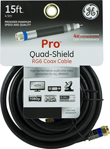 GE RG6 Coaxial Cable, 50 ft. F-Type Connectors, Quad Shielded Coax Cable, 3 GHz Digital, in-Wall Rated, Ideal for TV Antenna, DVR, VCR, Satellite, Cable Box, Home Theater, Black, 33532 8