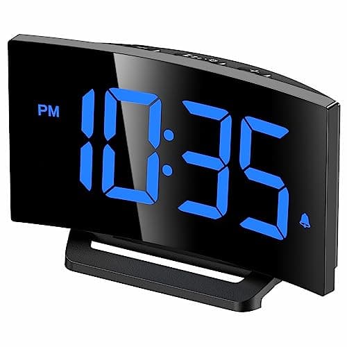 GOLOZA Digital Alarm Clock for Bedrooms, Digital Clock with Modern Curved Design, Conspicuous Blue LED Numbers, 5 Levels Brightness+Off, 2 Volume, 3 Alarm Tones, Snooze, Power-Off Memory, 12/24H