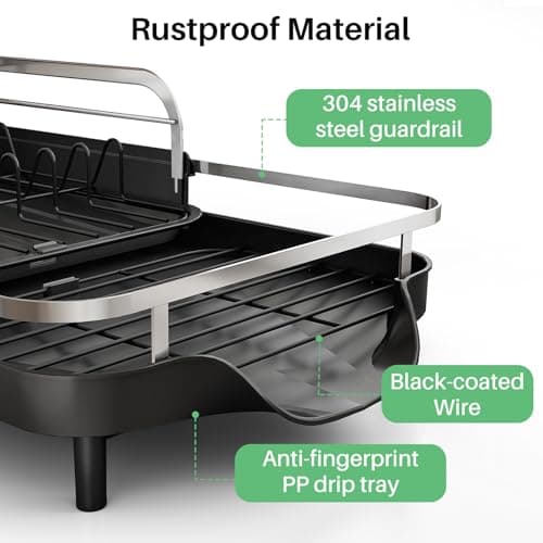 SAYZH Dish Drying Rack - Expandable Dish Rack for Kitchen Counter, Rust-Resistant Dish Drainer with Utensil Holder and Raised Guardrail, Kitchen Organizer for Cup and Bottle (Black) 6