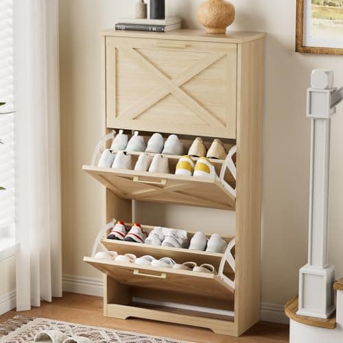 CHUWELL Shoe Cabinet for Entryway with 3 Flip Drawers, 3 Tier Freestanding, Slim Narrow Shoe Organizer Cabinet for Entryway, Hallway, Living Room (Natural Wood)