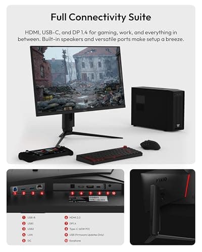 Pixio PX277 PRO 27 inch 165Hz Refresh Rate WQHD 1440p Resolution Fast IPS Panel 1ms GTG Response Time USB Type C Display Port and 65W Charging Adjustable Stand AMD FreeSync Premium HDR Gaming Monitor 4