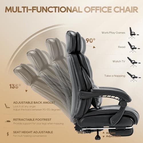 COLAMY Office Chair with Retractable Footrest, Ergonomic High Back Design Executive Computer Desk Chair with Removable Lumbar Pillow, 90-135°Reclining, Thick Bonded Leather for Home Office Work, Black 7