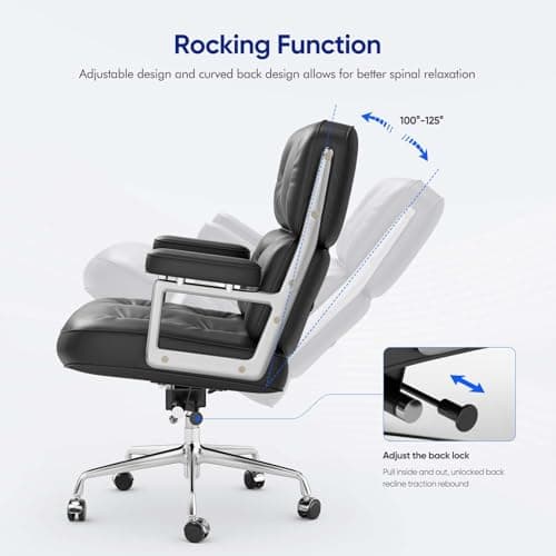 Genuine Leather Office Chair, Mid Back Executive Desk Chairs with Aluminum Arms and Wheels, Swivel Office Leather Chair with Thickened Backrest and Ergonomic Lumbar Support, Black 6