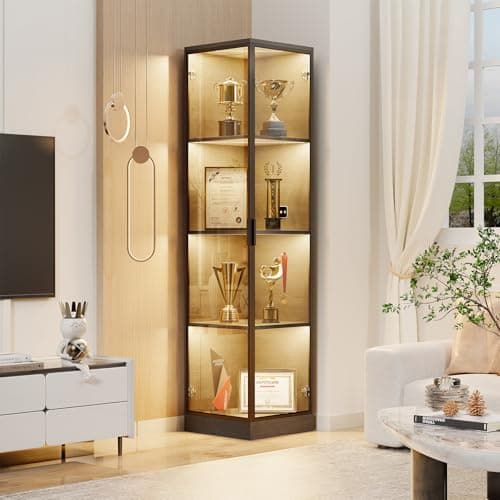 BROTTAR Corner Display Cabinet with Doors, 4-Tier Curio Cabinet for Collectibles, Display Case with 3 Color Light, Storage Cabinets with Door, Bookcase with Human Body Sensor, Black (15.7" W) 6